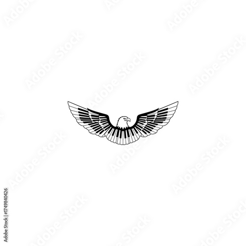 Eagle with piano keys as wings, in black and white, on a white background