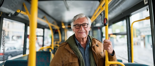 Elderly passenger smiles at the camera while gripping the handle of a public bus.