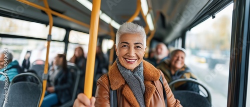 Elderly passenger smiles at the camera while gripping the handle of a public bus.