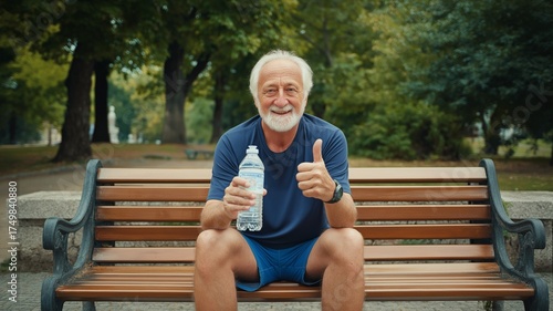 A senior athlete gives the thumbs up while sitting on a park seat with a bottle of water.