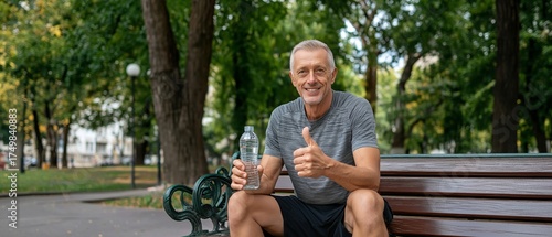 A senior athlete gives the thumbs up while sitting on a park seat with a bottle of water.