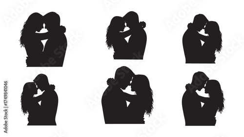 silhouettes of a loving couple embracing and holding each other's heads in a romantic pose