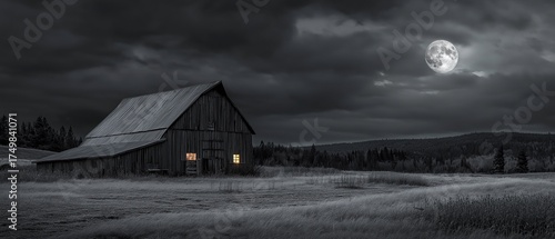 A field with a full moon illuminates a spooky old barn at night.