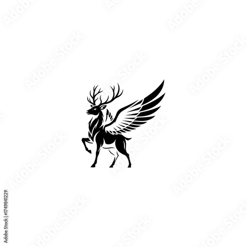 A winged stag in black ink silhouette standing proudly on a white background
