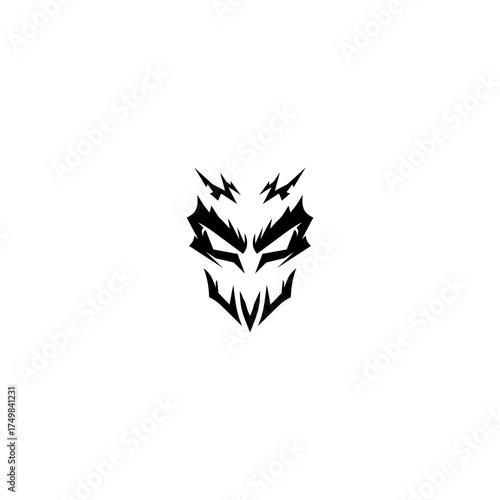 Striking black graphic of an angular, menacing stylized face with sharp, pointed shapes
