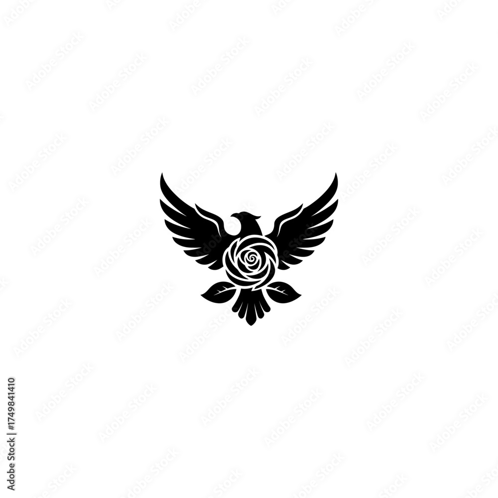 Obraz premium Stylized bird with rose center in monochrome, wings spread, leaves under bloom