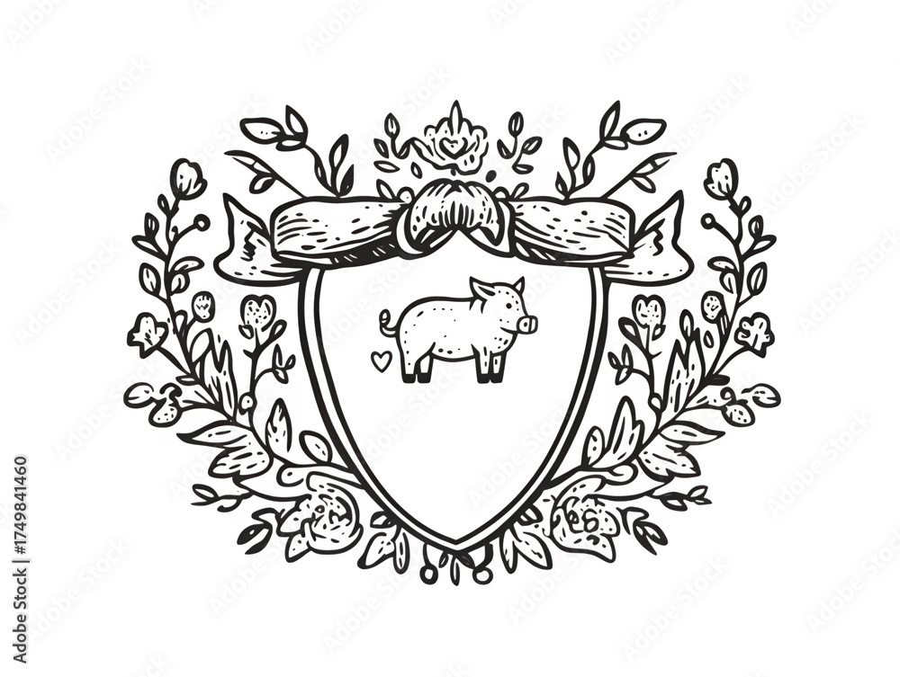 Fototapeta premium A decorative crest features a pig floral wreath and ribbon on a transparent background