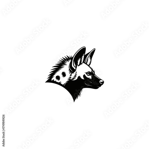 Stylized black-and-white vector image of an African wild dog's head in profile