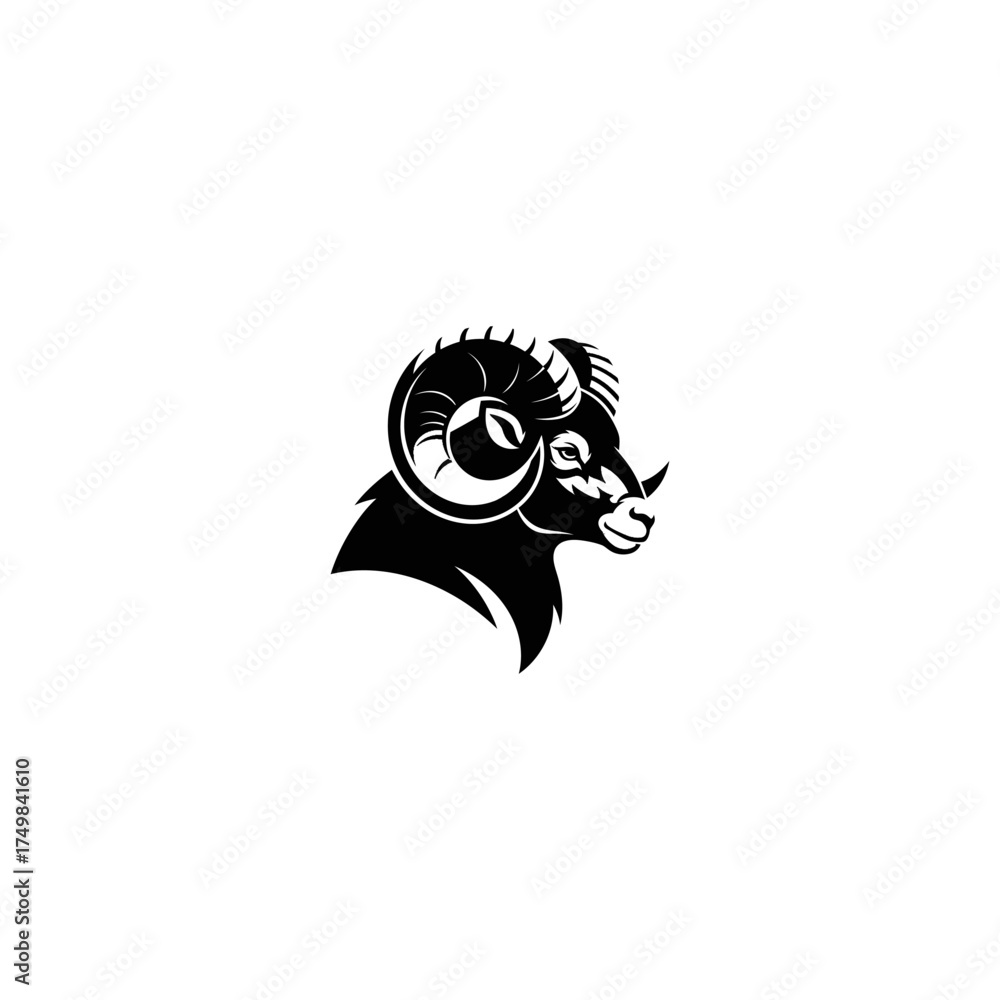 Naklejka premium A black silhouette of a ram's head profile with large, curved horns on a white field
