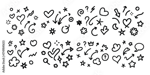 Collection of hand drawn doodle elements including hearts stars arrows and question marks