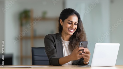 A young Indian girl uses her cell phone for business talk and job.