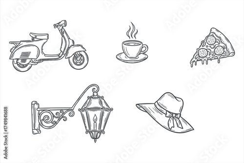 Hand drawn scooter coffee pizza street lamp and hat illustrations moped vintage scooter
