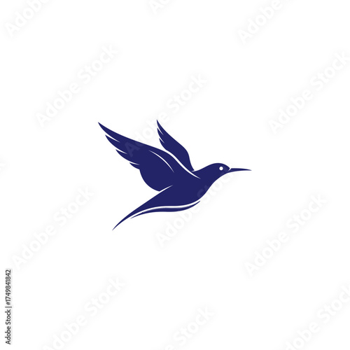 Dark blue hummingbird silhouette, flying to the right, with wings extended slightly