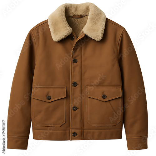 Brown jacket with shearling collar and flap pockets front view isolated on transparent background
