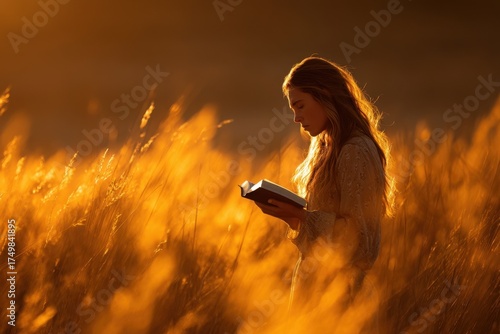 Teenage girl reads the Holy Bible in a sunlit field at sunset, surrounded by golden light and peaceful nature, reflecting faith and hope.