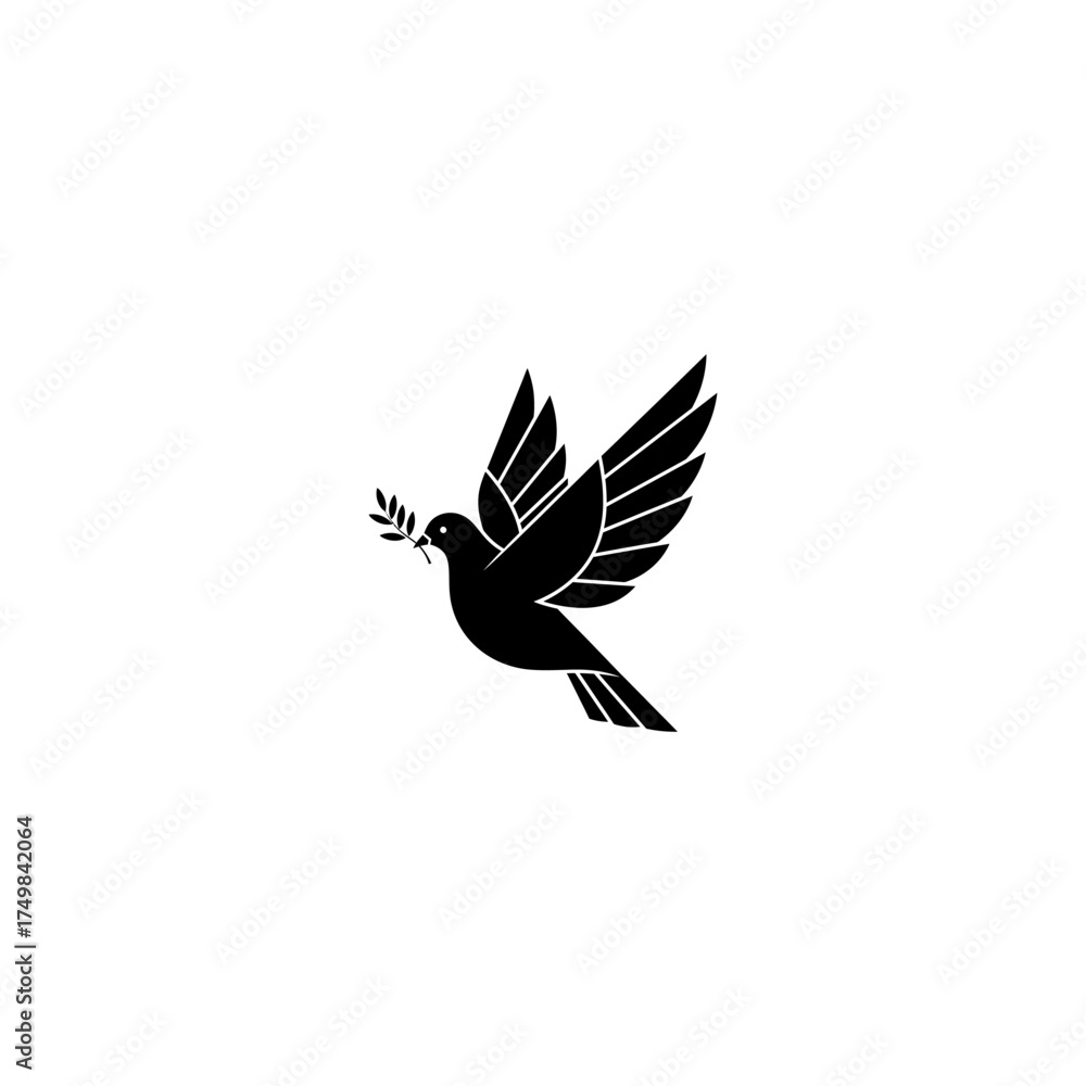 Fototapeta premium Stylized black dove in flight with olive branch, symbol of peace on a white backdrop