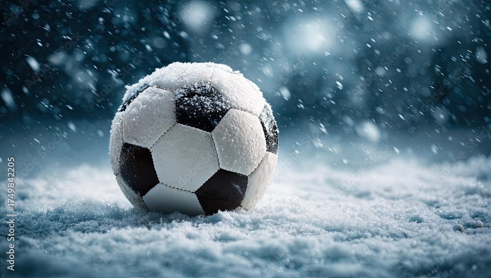 Naklejka premium Soccer ball sits in fresh snowfall, detailed close up. White and black pattern covered in cold flakes