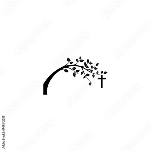 Silhouette of an arching tree branch with leaves and a cross, against white