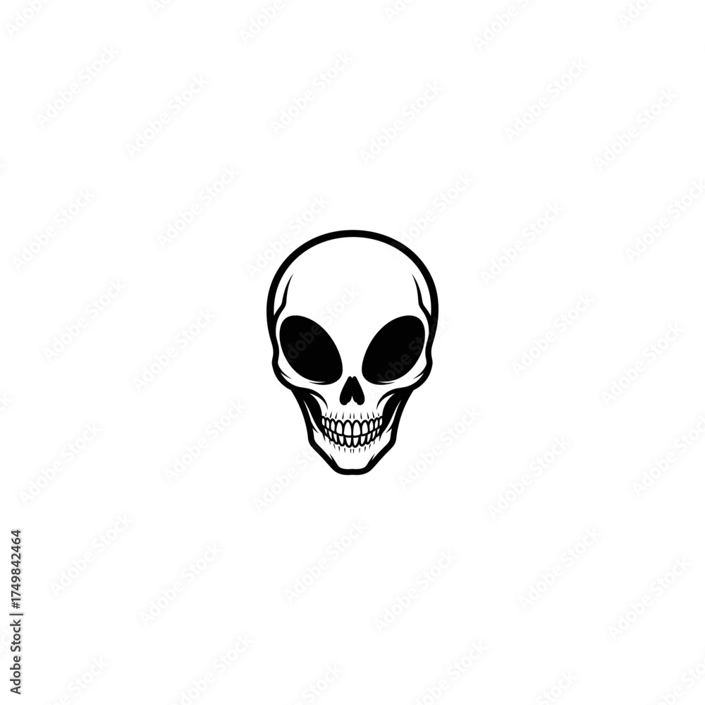 Fototapeta premium Stylized grayscale alien skull illustration centered on white background