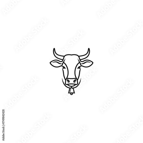 Simple outline drawing of a cow's head with horns and a bell on a white background