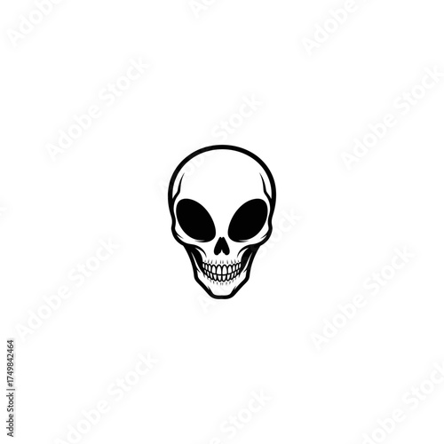 Stylized grayscale alien skull illustration centered on white background