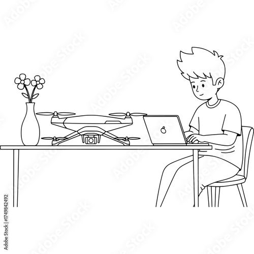 A young student is programming a drone using a laptop, symbolizing STEM future technology learning. This doodle style image conveys the idea of ​​robotics, coding, and technological innovation.
