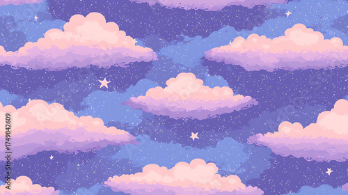 A purple and blue sky with clouds and stars