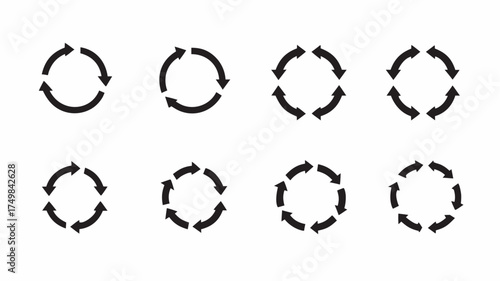 Illustration of eight circular arrow arrangements symbolizing cycles and rotation in a simple black design | editable eps vectors silhouette