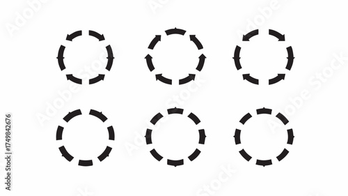 Six circular arrangements of arrows and arcs in a symmetrical pattern on a white background design element | editable eps vectors silhouette