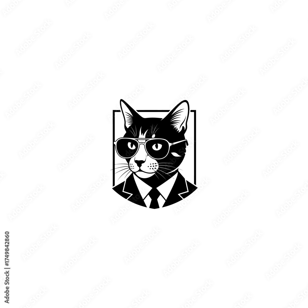 Fototapeta premium Stylized black cat, wearing sunglasses and a suit, in a geometric frame