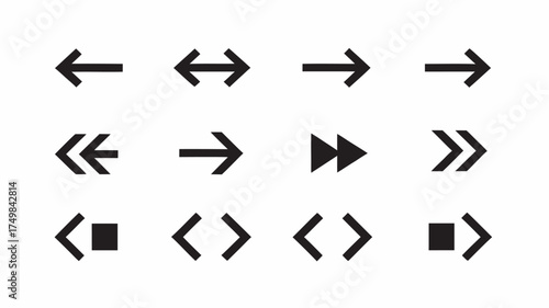 Collection of twelve black arrow icons pointing in different directions on a white background design set | editable eps vectors silhouette