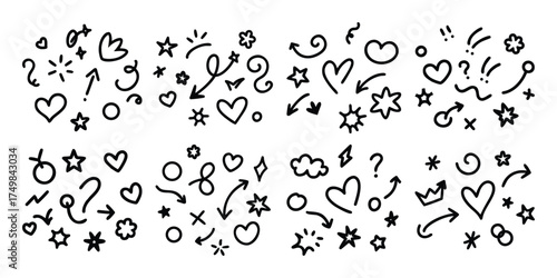 Collection of hand drawn doodle elements including hearts arrows stars and flowers