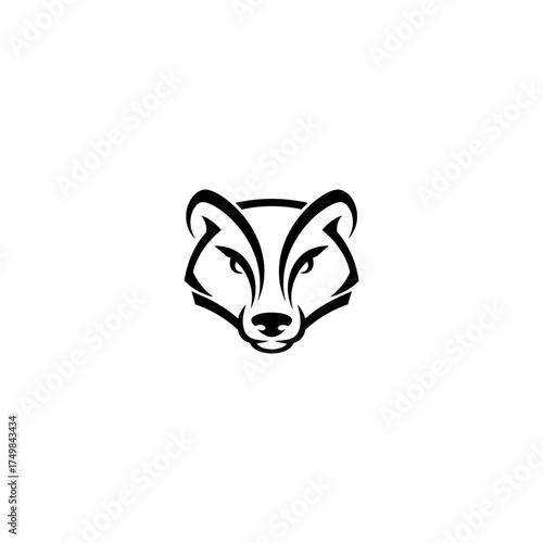 Stylized black and white badger head illustration with clean, bold lines