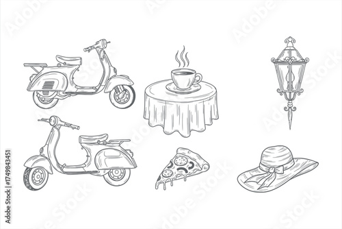 Two vintage scooters coffee cup pizza slice street lamp and hat moped retro