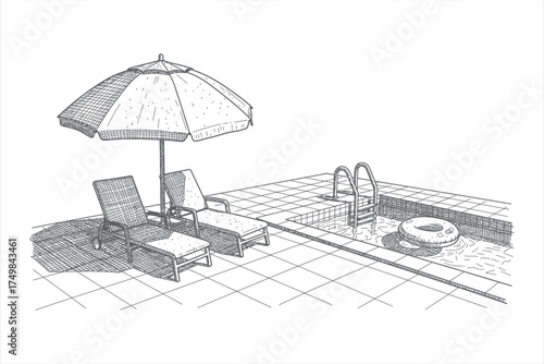 Sketch of two lounge chairs under an umbrella by a swimming pool with a float poolside