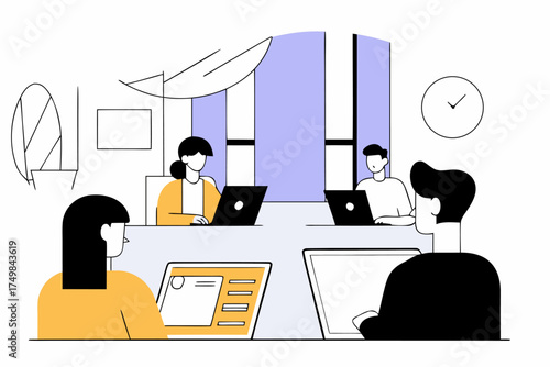 Workspace Collaboration Vector Illustration: Office Environment with Employees, Laptops, Whiteboards, Clocks, and Geometric Accents for a Productive Team Dynamic