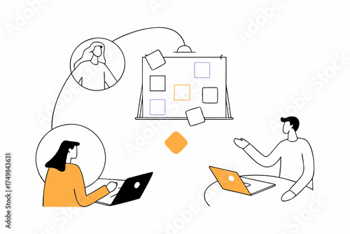 Creative Team Online Meeting: Vector Illustration of Collaborative Virtual Discussion with Whiteboard, Laptop, and Geometric Shapes for Remote Business Communication