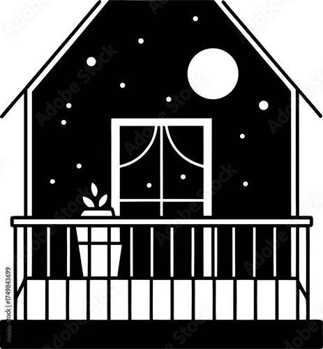 Minimalist vector illustration of a house with a balcony, illuminated by moonlight with plant on the balcony, the image evokes a sense of calmness and solitude