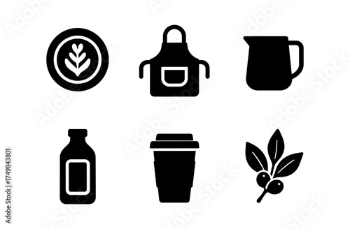 Minimalist coffee icon set: essential cafe tools and ingredients