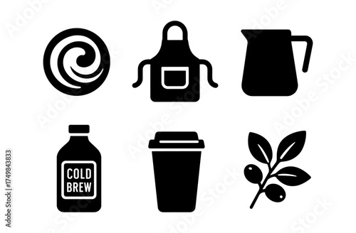 Silhouette icons of coffee essentials including cold brew, apron, and coffee plant elements