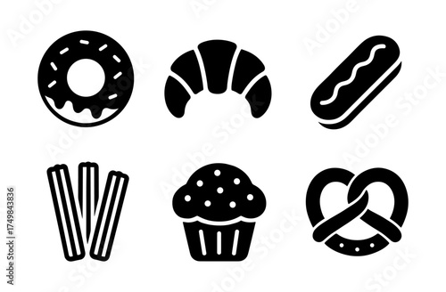 Minimalist black and white bakery icons featuring donut and croissant