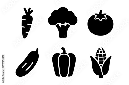 Silhouette icons of fresh vegetables: tomato, carrot, broccoli, pepper, corn, cucumber