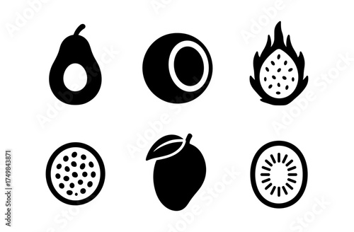 Silhouette exotic fruit icons: mango, coconut, kiwi, passion fruit, dragon fruit, papaya