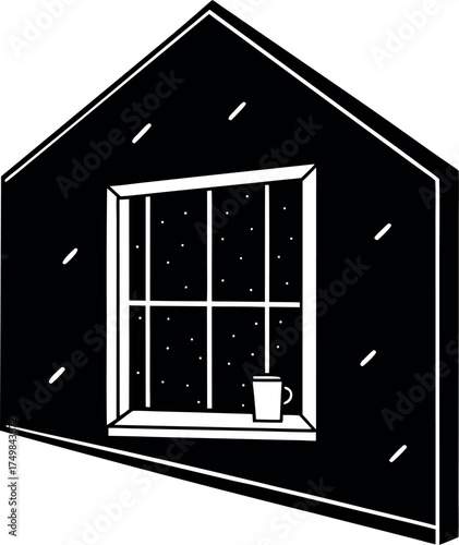 Cozy Winter Cabin Scene Silhouette a peaceful winter scene featuring a cozy cabin window with snowfall and a warm beverage mug on the windowsill simple minimalist design