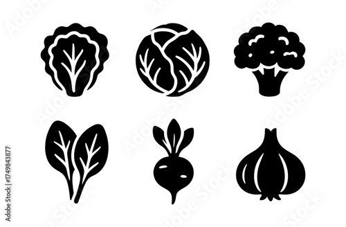 Black silhouette icons of vegetables: cabbage, broccoli, beet, garlic, spinach
