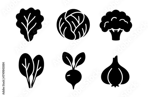 Vegetable silhouette icons: leafy greens and root vegetables collection