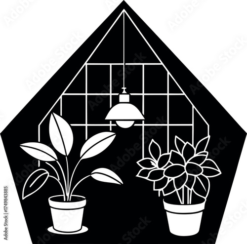 Black and White Greenhouse Illustration with Potted Plants and a Hanging Lamp A serene greenhouse illustration featuring two potted plants under a hanging lamp