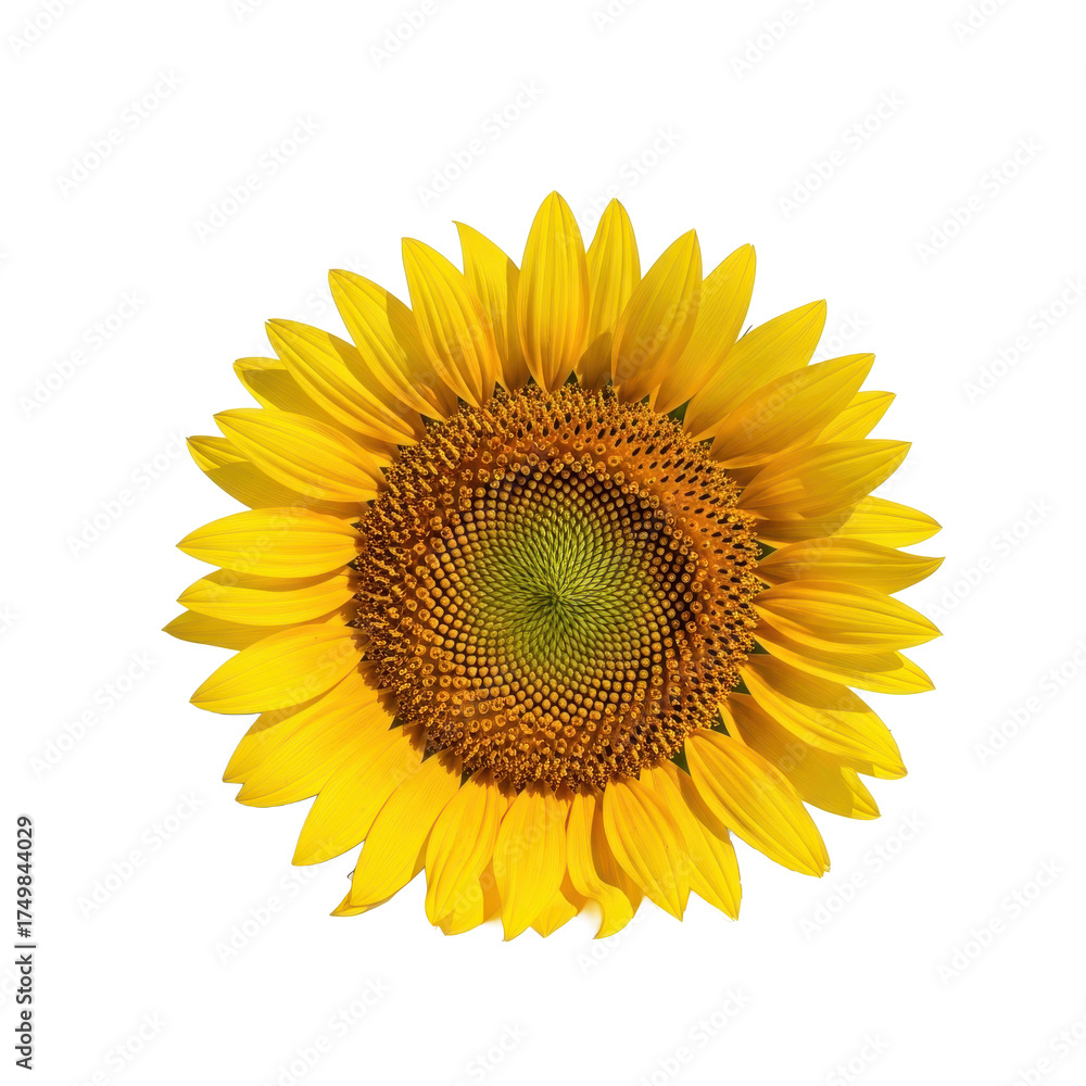 Fototapeta premium Bright yellow sunflower in full bloom, professionally photographed with studio lighting, meticulously isolated on a crisp white background, highlighting its natural beauty
