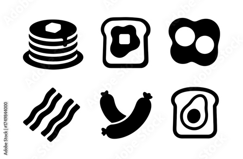 Set of breakfast food icons: pancakes, bacon, eggs, sausage, toast