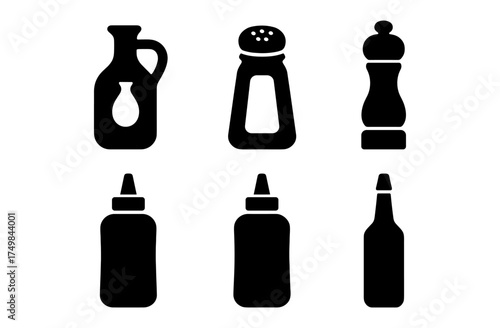 Silhouette icons of kitchen condiment bottles and spice containers